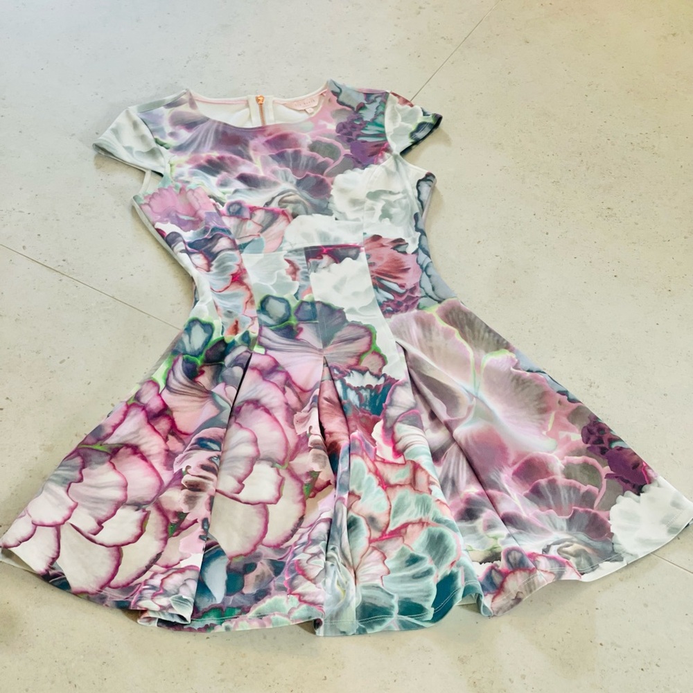 Ted Baker London Floral Fit-and-Flare Dress in Pink, Teal, Lavender